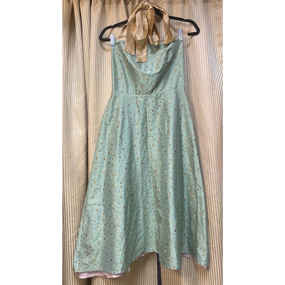 Lena Medoyeff Sea foam green Silk Halter Midi Dress with Dots S